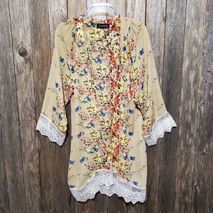 Relipop M Kimono Duster Wrap Coverup Beige Floral Crochet Lace Trim Boho